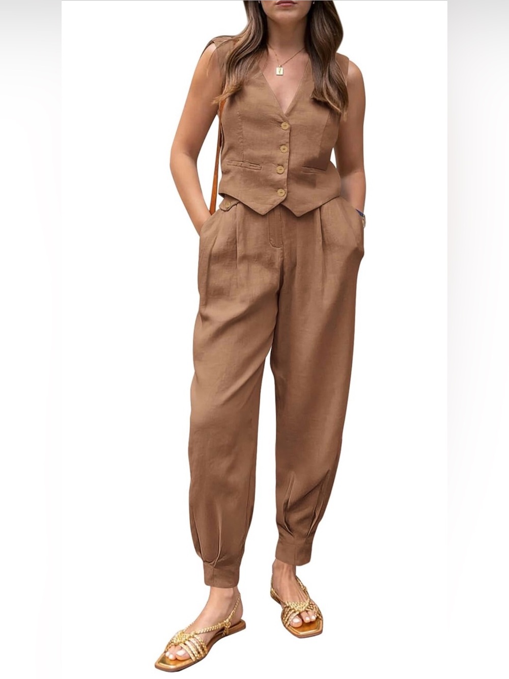 PRETTYGARDEN Women’s Brown 2 Piece Set with Vest and Pants, Size Medium